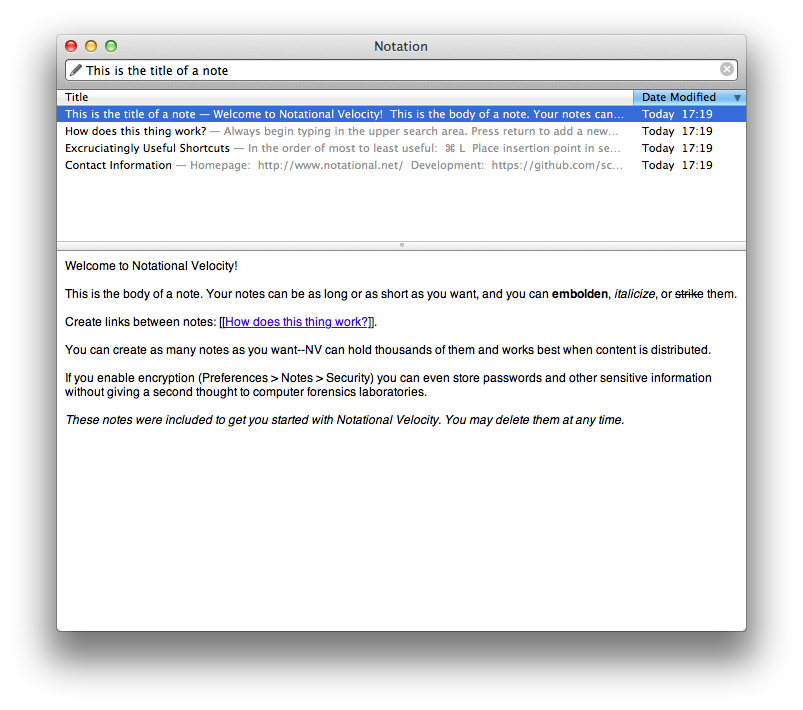 Screenshot of Notational Velocity